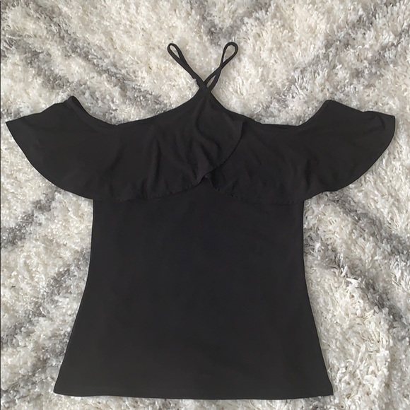 Black Cold Shoulder Halter Ruffle Tee - Picture 6 of 6